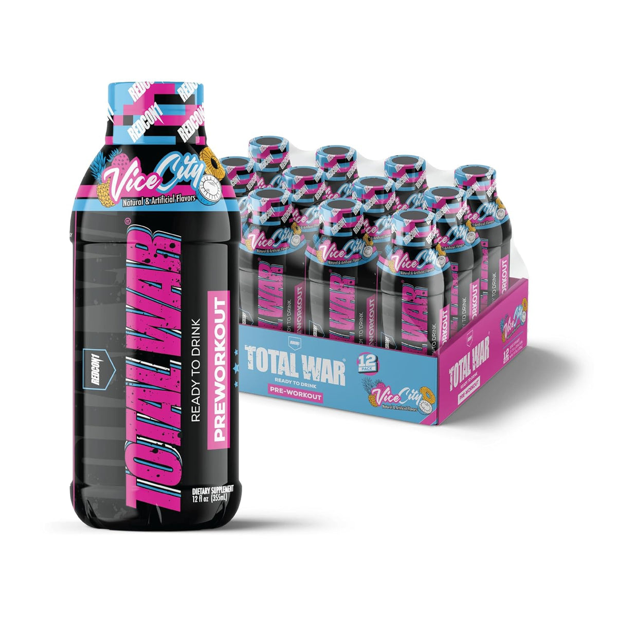 REDCON1 Total War Ready to Drink Pre Workout | Vice City | 365mg Caffeine + Citrulline Malate + Beta Alanine | Zero Sugar (12 Pack)
